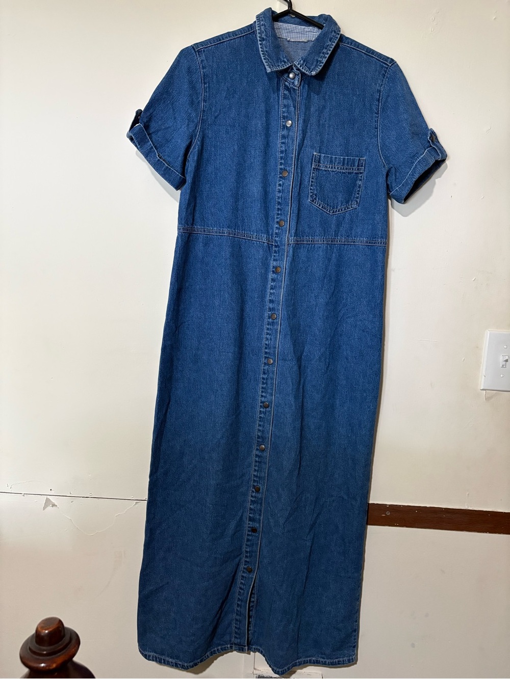 Button-Front Denim Maxi Shirt Dress - Blue